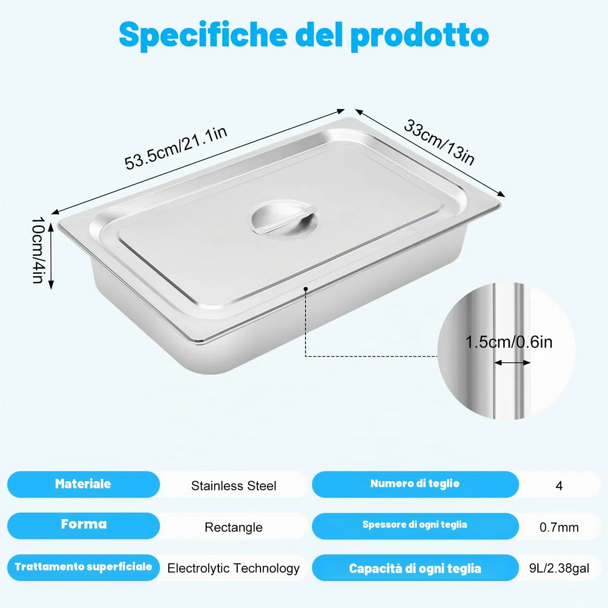 4 contenitori in acciaio inox per hotel, catering e buffet Vassoio per alimenti, con coperchio Porzioni per feste e arrosti da cuocere 50,8 x 30,48 x 10 cm