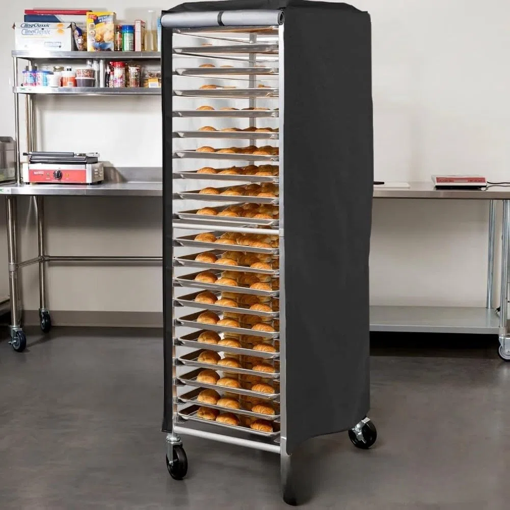 Copertura per panetteria, resistente, impermeabile, in tessuto 420D, pannello trasparente, con aperture di ventilazione, adatto per panini a 20 ripiani, chiusura con cerniera, nero (58,4 x 71,1
