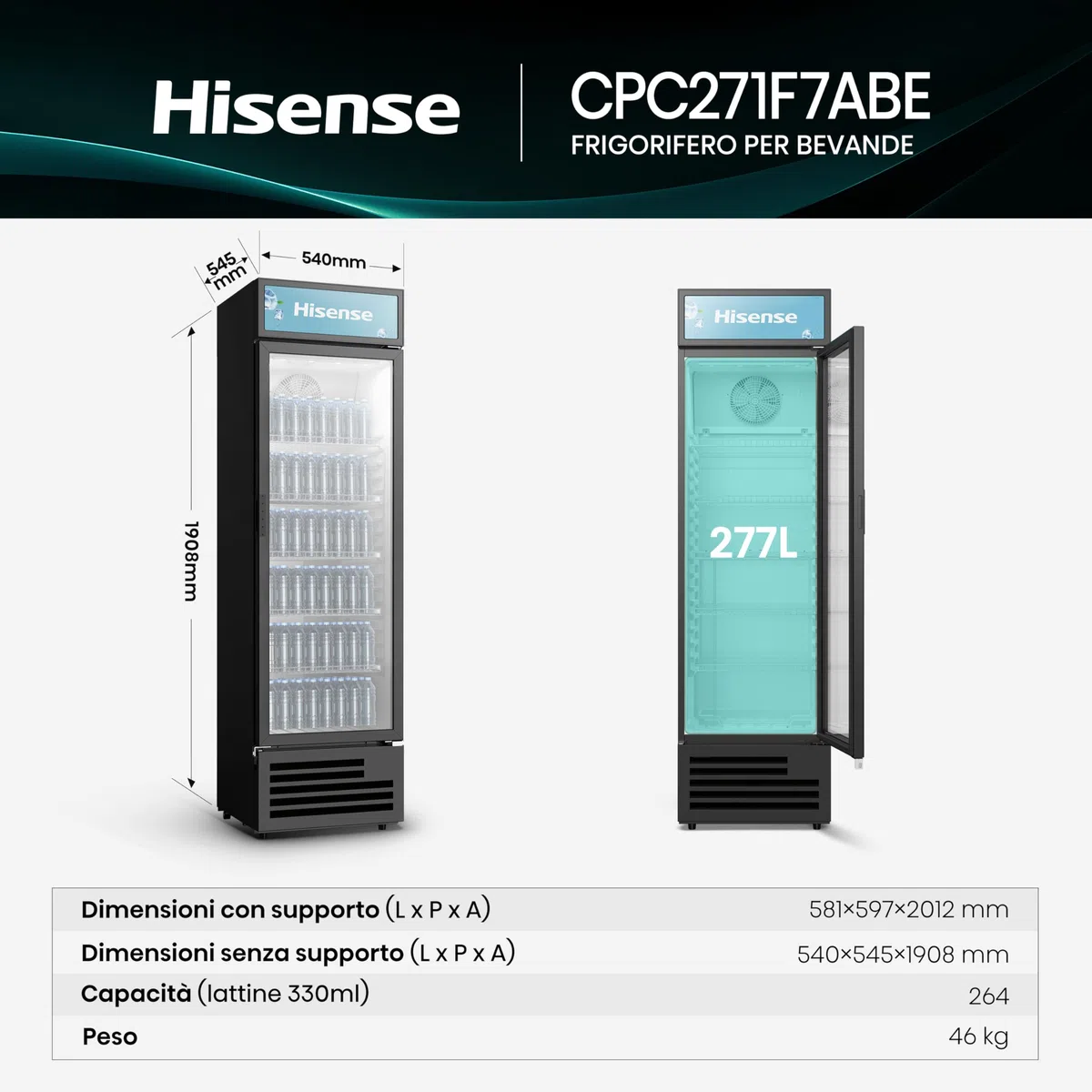 Hisense CPC271F7ABE Frigorifero commerciale bevande, 251 litri, Illuminazione interna LED, Display Personalizzabile, Ripiani Regolabili, Sistema di Autoevaporazione, Serratura, Classe E, Nero
