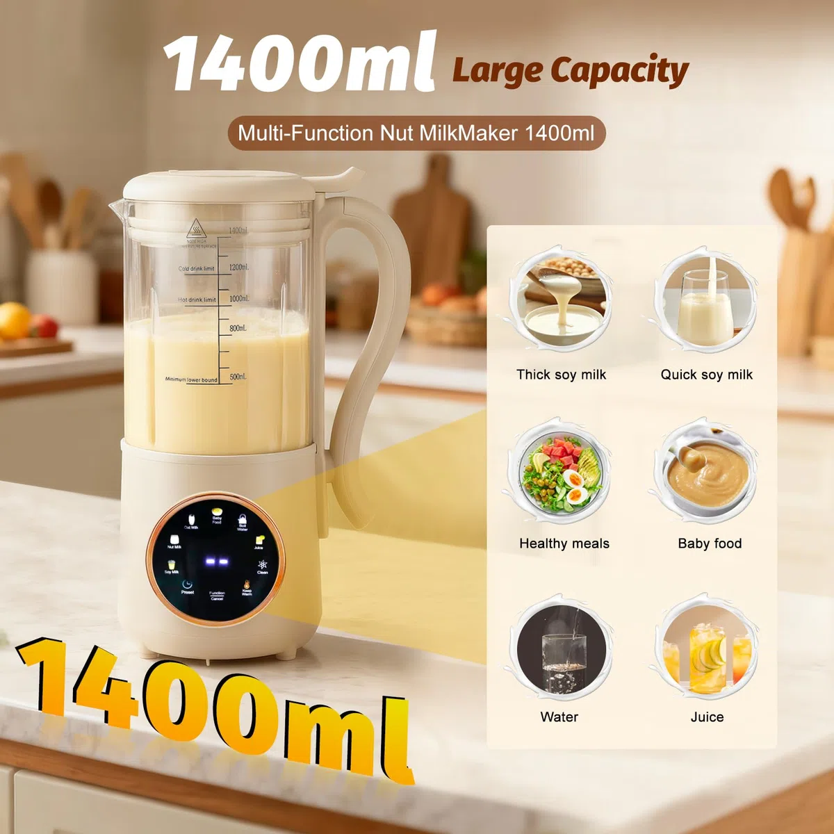 Macchina per latte di soia, 1400 ml, con 16 lame, indicatore LED, prenotazione 12 ore, autopulente, 6 funzioni, per latte vegetale fatto in casa, avena, latte di mandorle