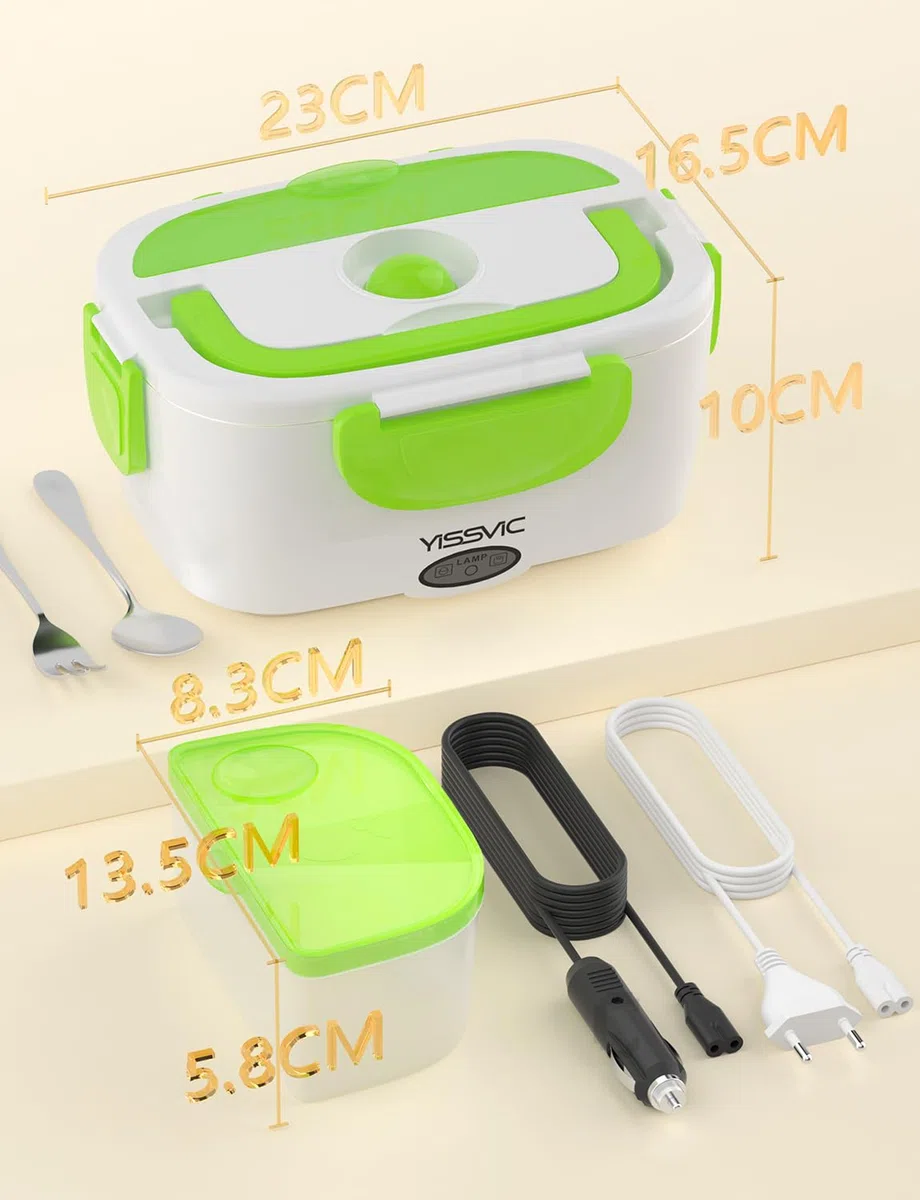 YISSVIC Scaldavivande Elettrico Portatile in Acciaio Inox (220V & 12V) Portatile 1,5L con Forchetta e Cucchiaio per Auto/Ufficio/Casa