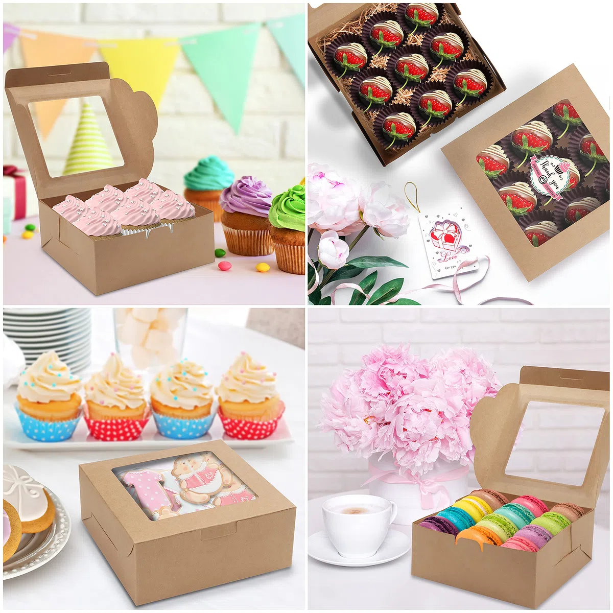 BELLE VOUS Scatole per Dolci in Cartone Kraft Marrone con Finestra (50 Pezzi) -15,2 x 15,5 x 6,3 cm - Scatole per Torte USA e Getta - Biscotti, Cupcakes, Dessert e Torte