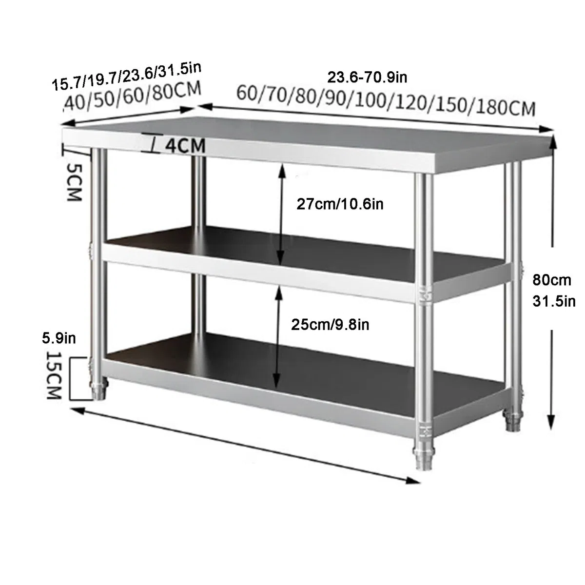 Tavolo Inox 3 Ripiani Banco Da Lavoro Professionale(45x45cm) | Banco da lavoro rinforzato, spessore 40mm, piedini regolabili, portata 150kg per isola cucina, garag