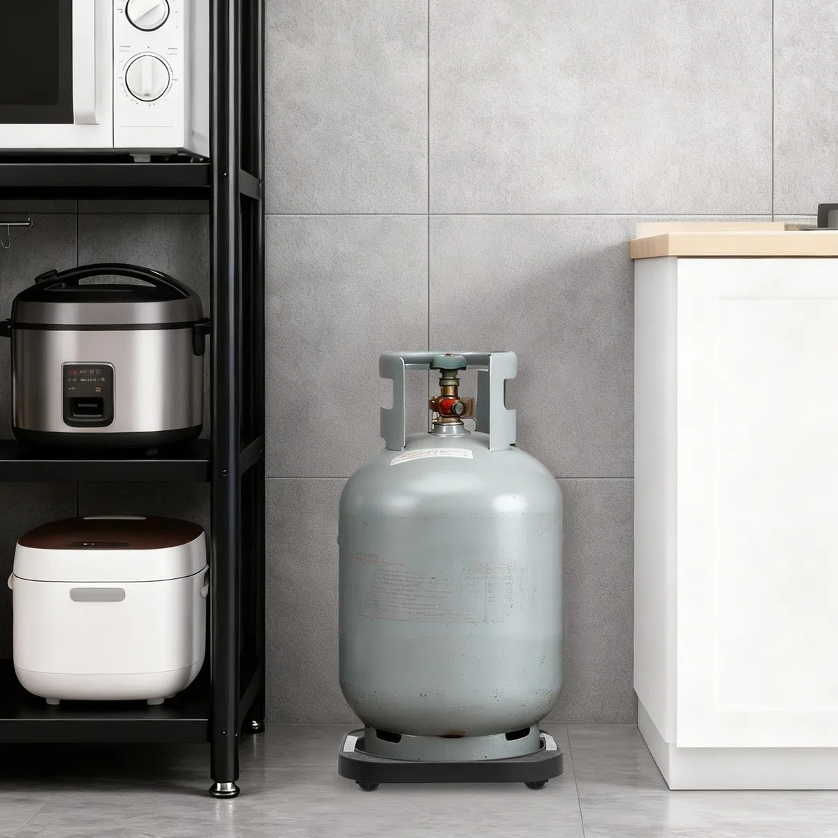 Copri Bombola Gas in Plastico e Acciaio Inossidabile Ruote, Vassoio Porta Bombola Gas Base Mobile da Esterno per Cucine Familiari e Ristoranti