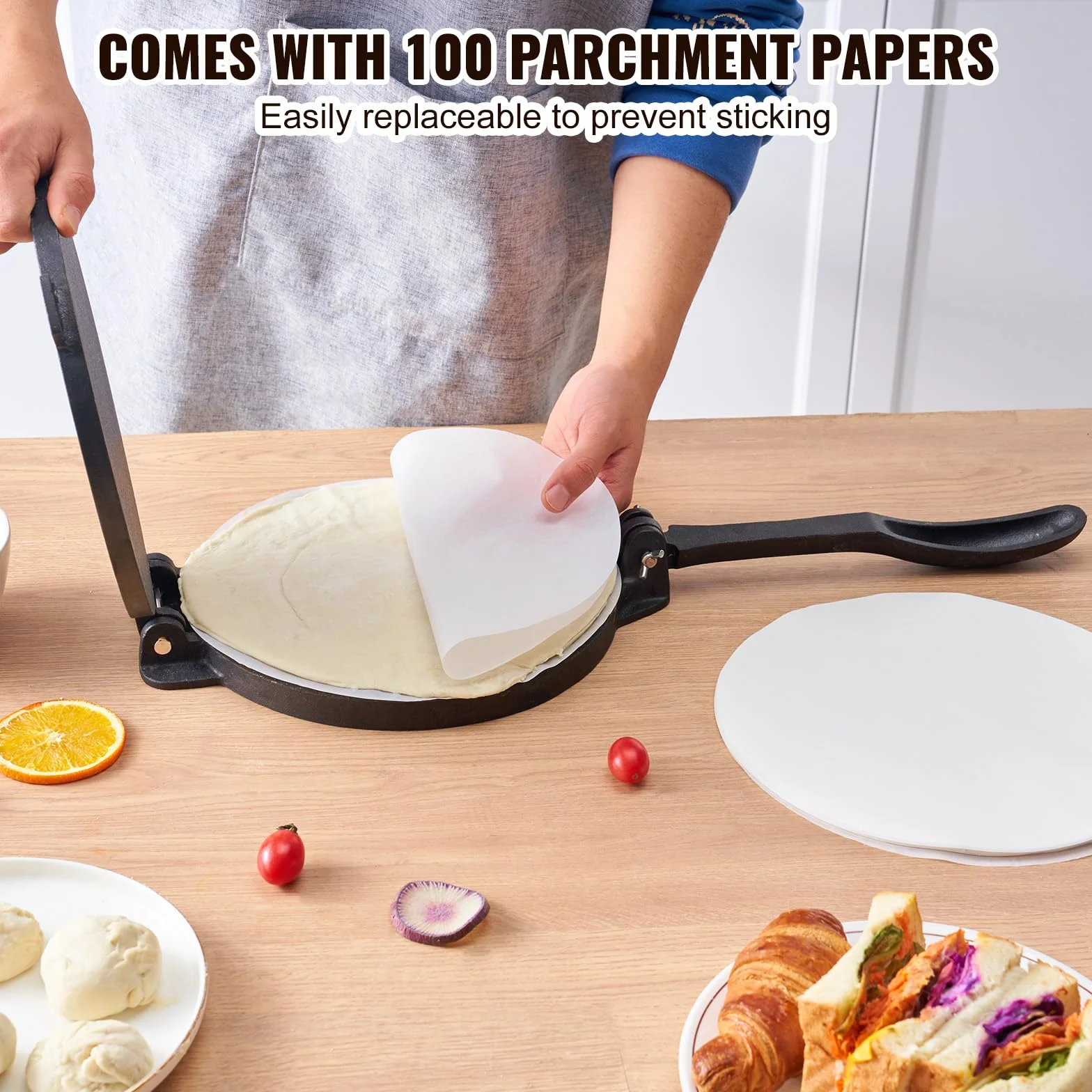 VEVOR Pressa Manuale per Tortilla, Pressa per Taco Diametro 20 cm, Pressa per Tortilla Piadine in Ghisa, Pressa Manuale per Tortilla con 100 Pezzi di Carta da Forno, Macchina per Impasto di Tortilla