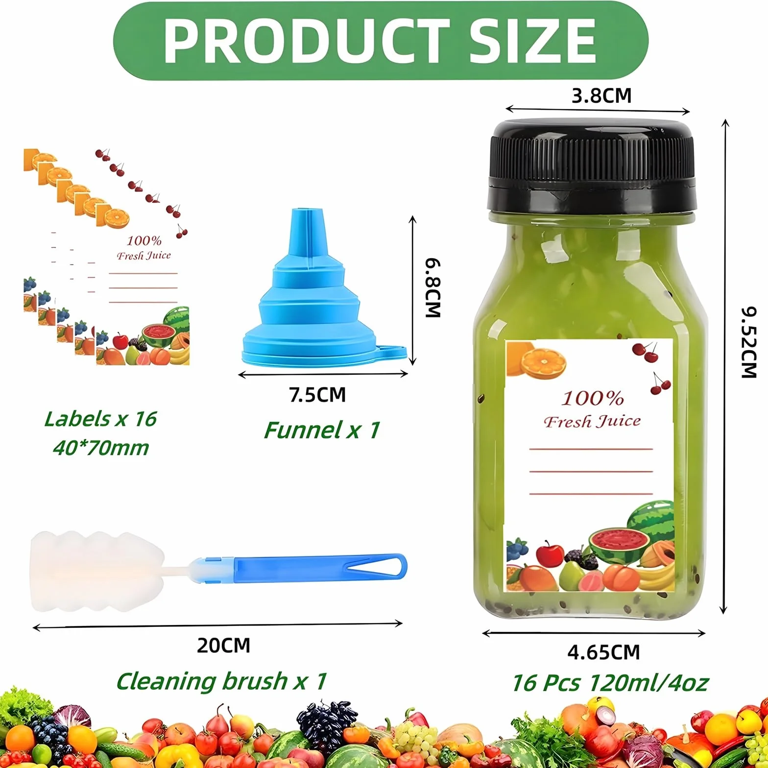 16 Pezzi 4oz/120ml Bottiglie di Succo in Plastica con Coperchio Bottiglie Vuote Riutilizzabili con Etichette Imbuto e Pennello Bottiglie di Bevande per Succhi Latte Frullati
