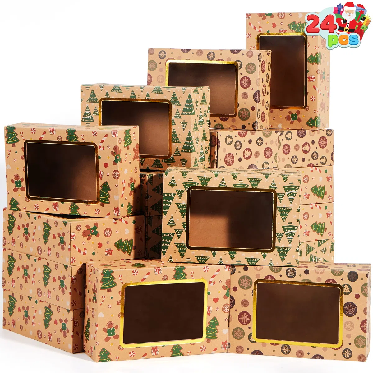 JOYIN 24 pezzi sventati cassette di biscotti natalizi con finestra 8.75 "x 5,6" x 2,75 ", tratta scatole per ciambella e biscotti, scatole da forno a kraft marrone, scatola da forno regalo