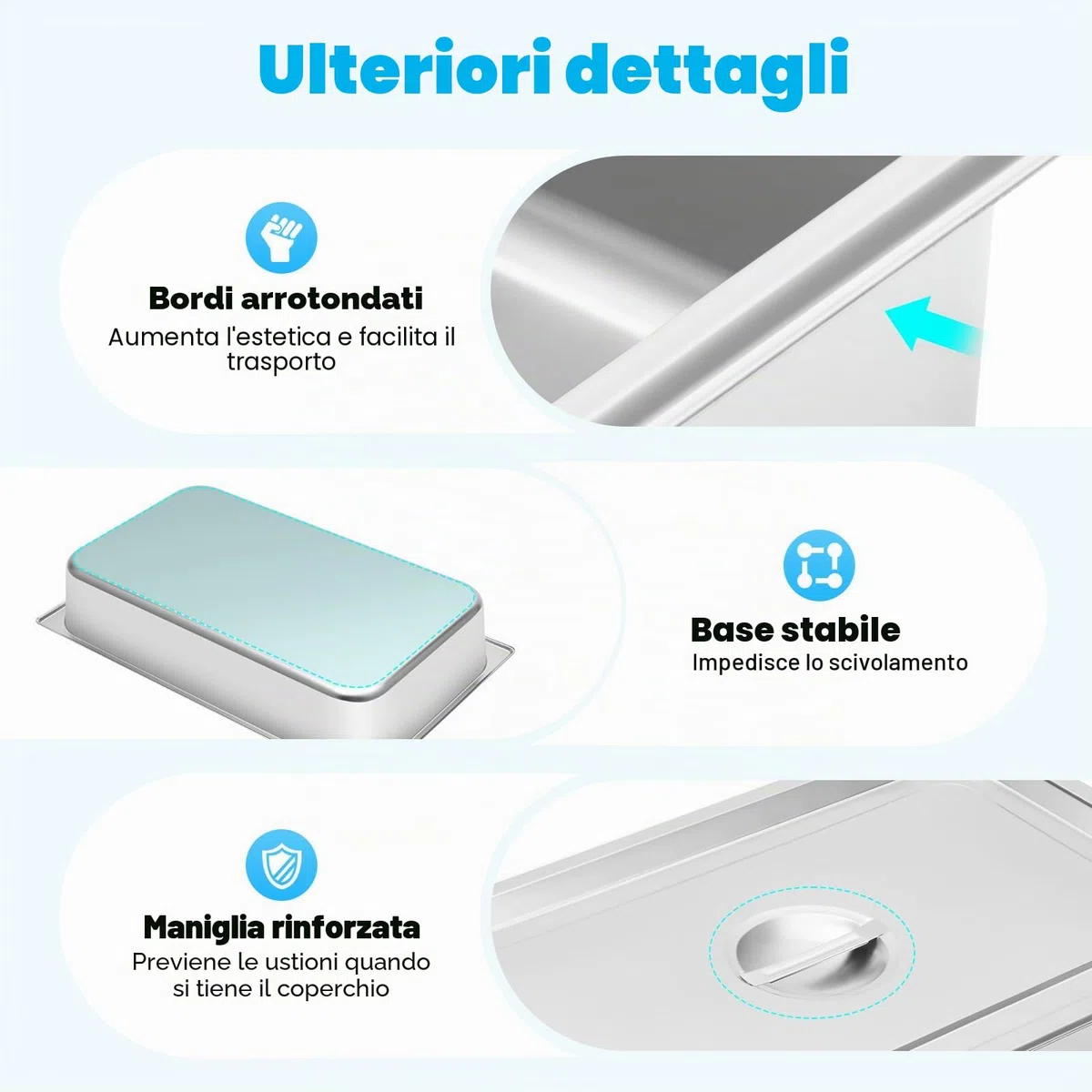 4 contenitori in acciaio inox per hotel, catering e buffet Vassoio per alimenti, con coperchio Porzioni per feste e arrosti da cuocere 50,8 x 30,48 x 10 cm