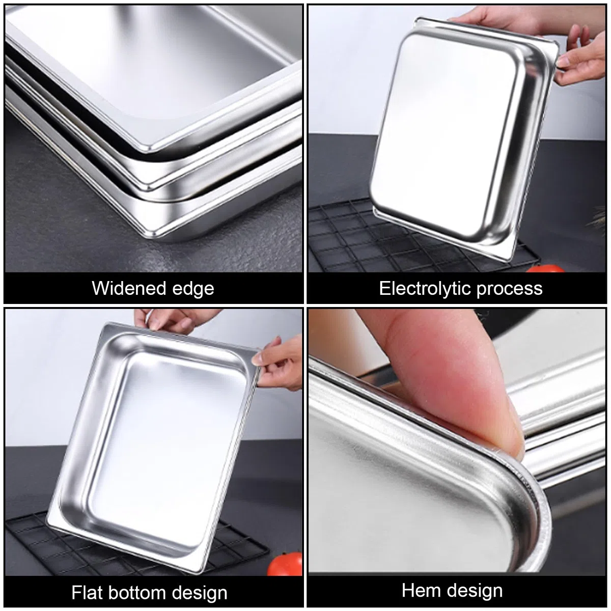 Set di 3 vaschette da paniera: 32,5 x 17,5 x 6,5 cm, contenitore rettangolare in metallo con coperchio in acciaio inox GN 1/3, ciotola in acciaio inox rettangolare, ciotola per impanare pesce, carne e