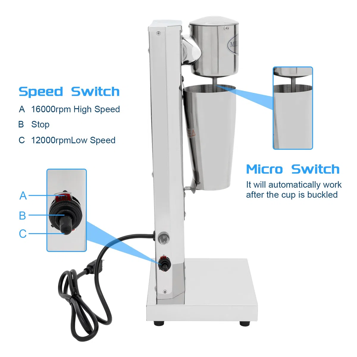 Frullatore per frappè, 180 W, elettrico, in acciaio inox, frullatore a base d'uovo, frullatore, per tè al latte, frappè, caffè, frullati, 18000RPM, 650 ml, testa singola