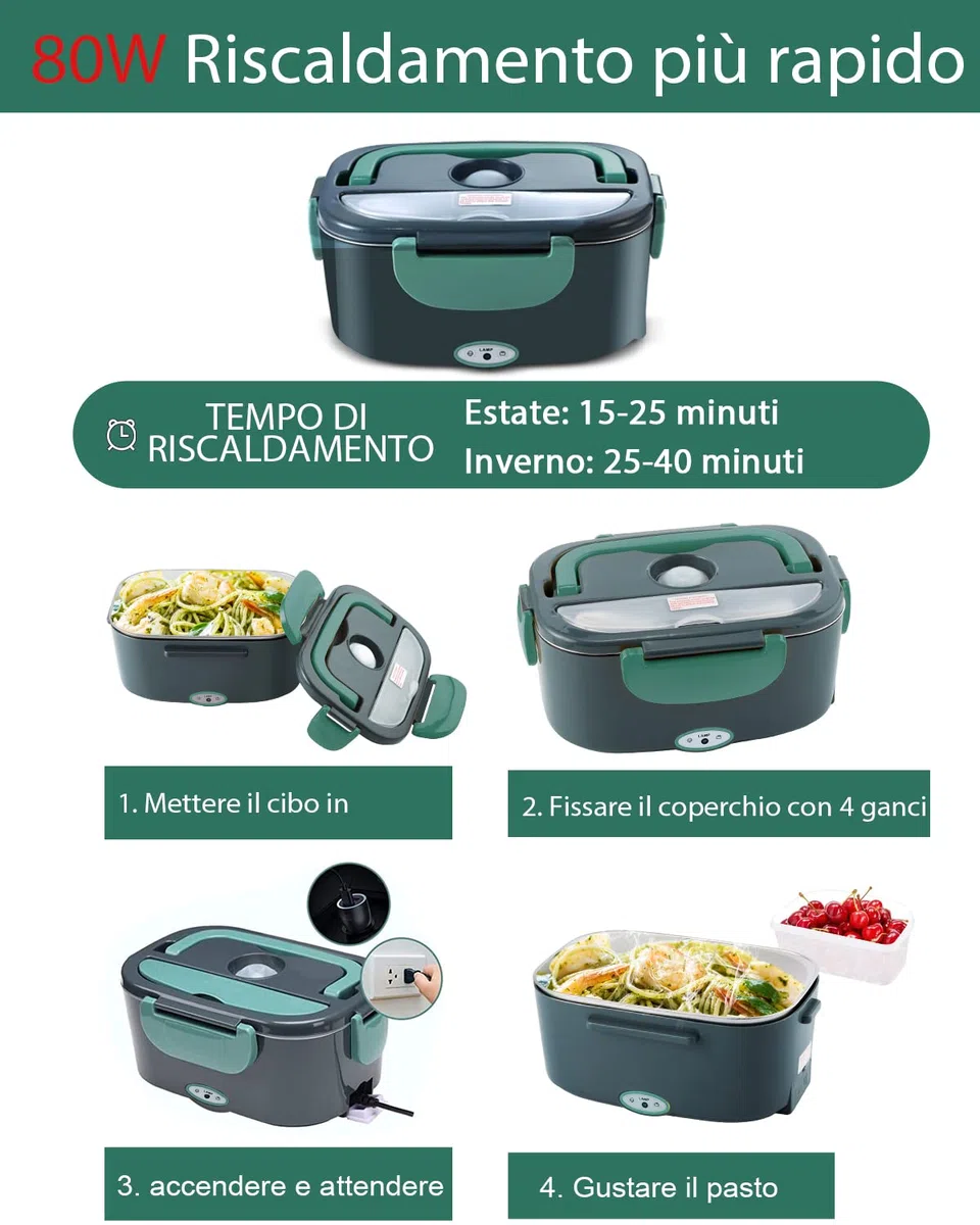 80W Scaldavivande Elettrico, Scaldavivande Portatile per Auto e Casa, Contenitore Rimovibile in Acciaio Inossidabile 304, Forchetta e Cucchiaio SS e Borsa Per il Trasporto (Grigio+Verde)