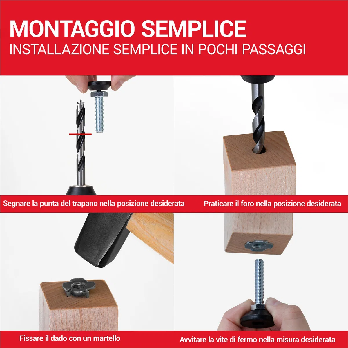 LouMaxx Piedini di Regolazione M10 x 40 mm Con Dado di Impatto, Set da 10 Pezzi, Vite di Regolazione, Piedini Regolabili in Altezza M10 x 40 mm