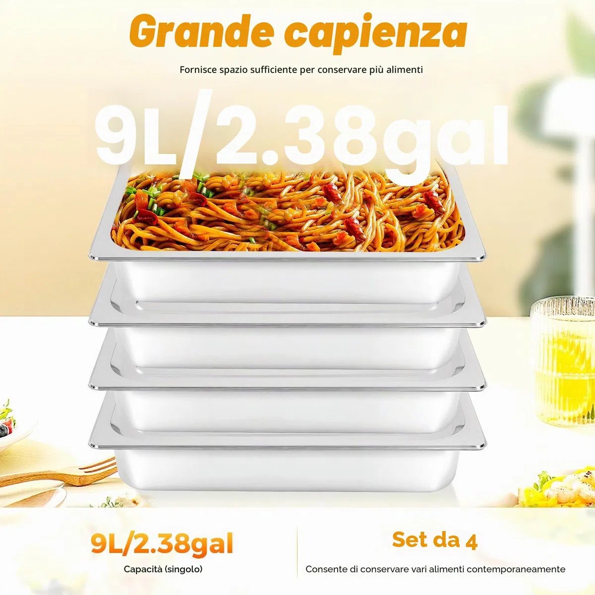 Treeisland Contenitori Gastronorm, 4 Contenitori in Acciaio Inox con Coperchio per Alimenti, Contenitori in Acciaio Inox per il Mantenimento in Calore di Cibi, Torte, Teglie per Hotel