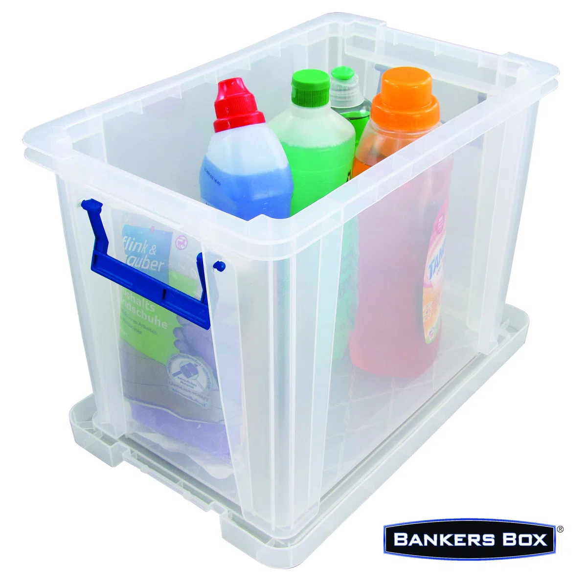 Bankers Box Prostore scatola porta oggetti in plastica con coperchio, 18,5 litri, impilabile, scatole per armadio super resistenti, dimensioni 28x32x20 cm, contenitori plastica trasparente, 1 unità
