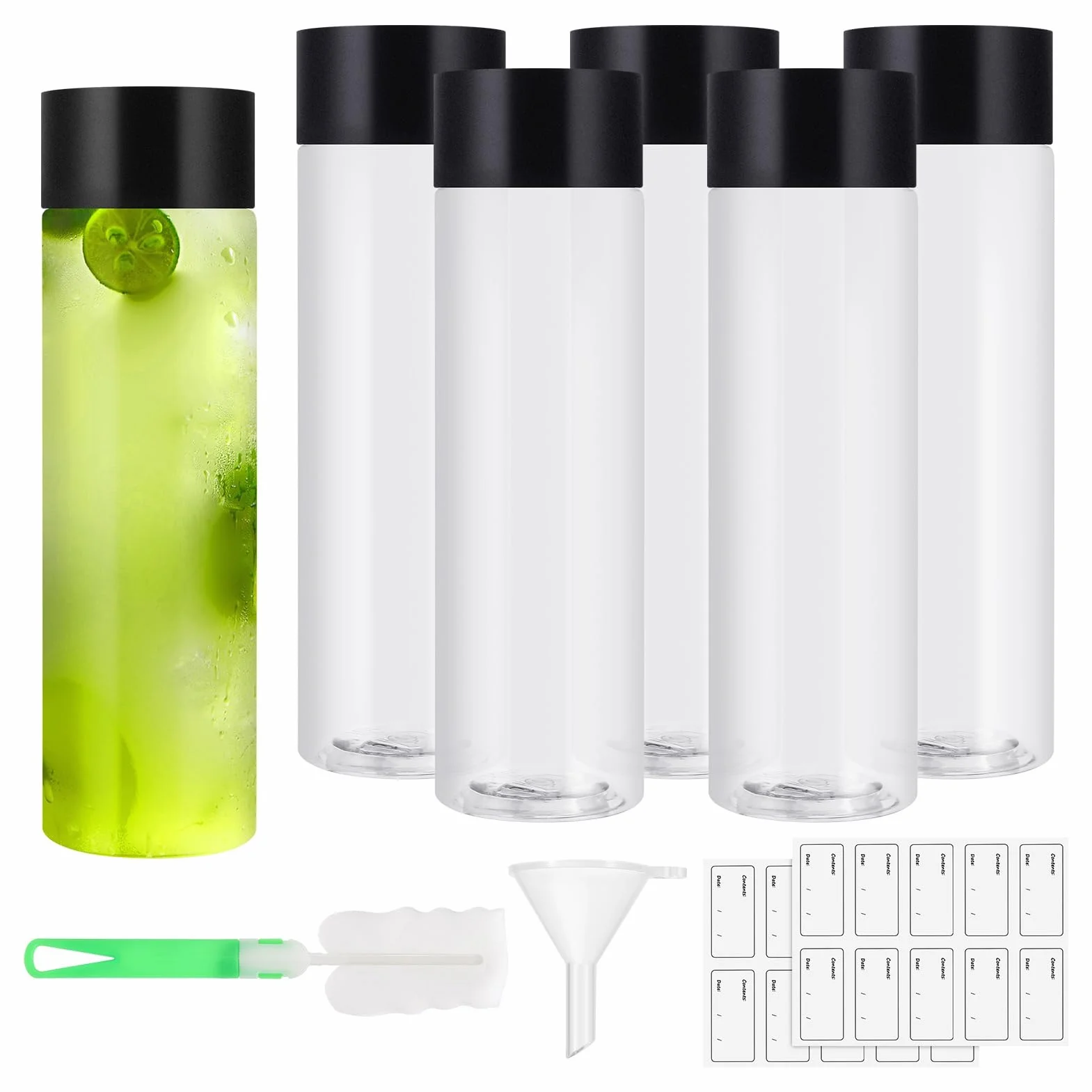 Lvefyti 6 bottiglie per smoothie da 400 ml, riutilizzabili, vuote per il riempimento, bottiglie di plastica con coperchio, adesivo imbuto, spazzola per la pulizia del succo, latte, frappè