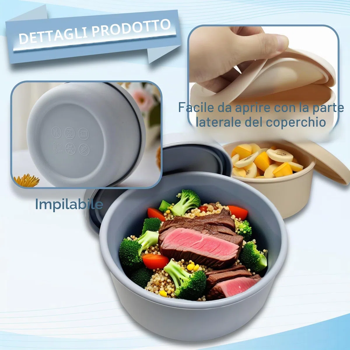 4 scatole per pizza con una capacità di 350 g, impasto per pizza con coperchio in beige e grigio blu