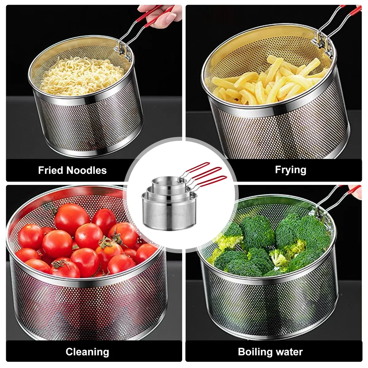 Cestello per friggere in acciaio inossidabile: 3 pezzi in acciaio inox, 14 cm+18 cm+20 cm, cestino per la pasta con maniglia, filtro da cucina, patatine fritte