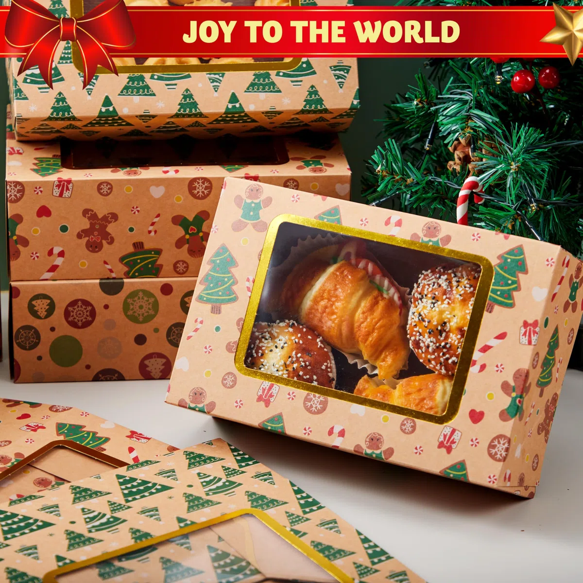 JOYIN 24 pezzi sventati cassette di biscotti natalizi con finestra 8.75 "x 5,6" x 2,75 ", tratta scatole per ciambella e biscotti, scatole da forno a kraft marrone, scatola da forno regalo