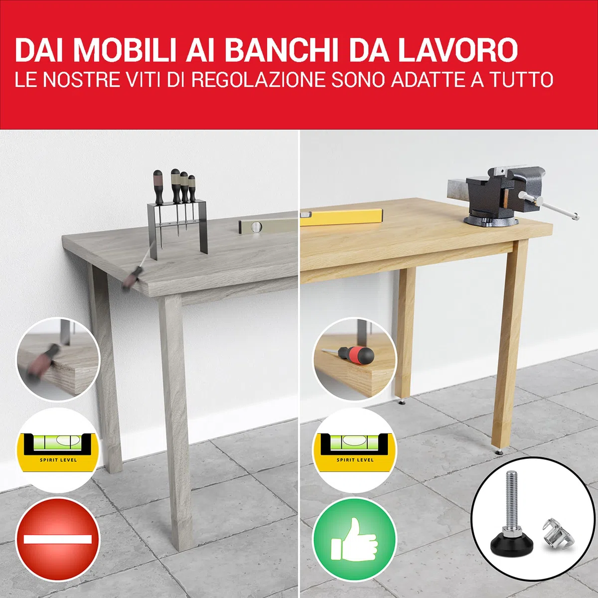 LouMaxx Piedini di Regolazione M10 x 40 mm Con Dado di Impatto, Set da 10 Pezzi, Vite di Regolazione, Piedini Regolabili in Altezza M10 x 40 mm