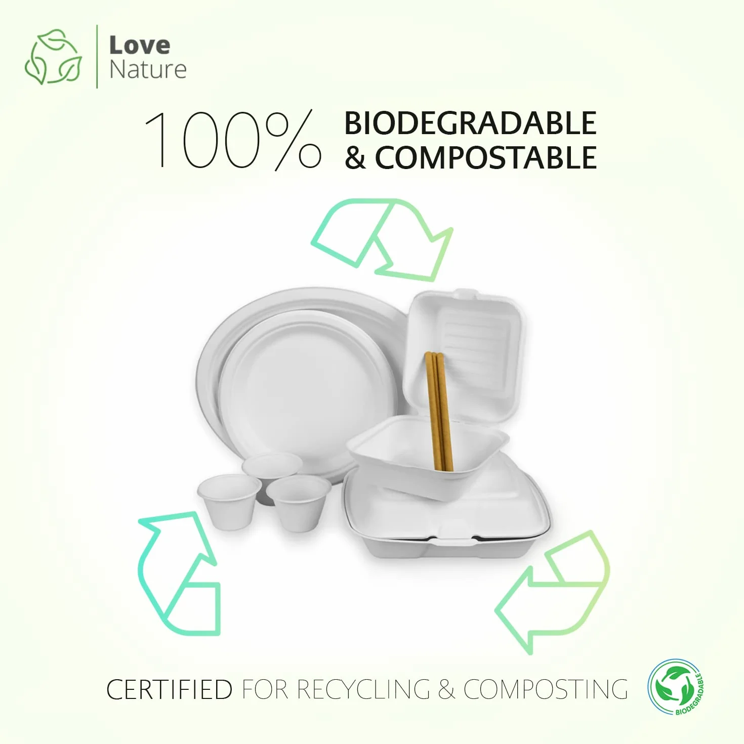 Love Nature Biodegradabili Contenitori per Alimenti 2 Compartimento 50 Pezzi - Contenitori per Alimenti Usa e Getta - Contenitori asporto - Contenitore per Cibo da Asporto