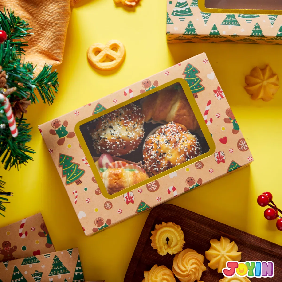 JOYIN 24 pezzi sventati cassette di biscotti natalizi con finestra 8.75 "x 5,6" x 2,75 ", tratta scatole per ciambella e biscotti, scatole da forno a kraft marrone, scatola da forno regalo