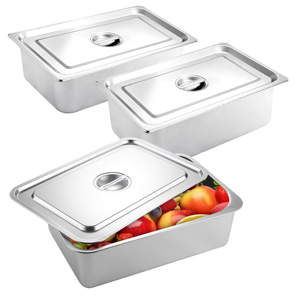 Set di 3 ciotole GN 1/3 in acciaio inox con coperchio, 32,5 x 17,5 x 6,5 cm, per alimenti caldi e freddi, padella buffet catering, facile da pulire