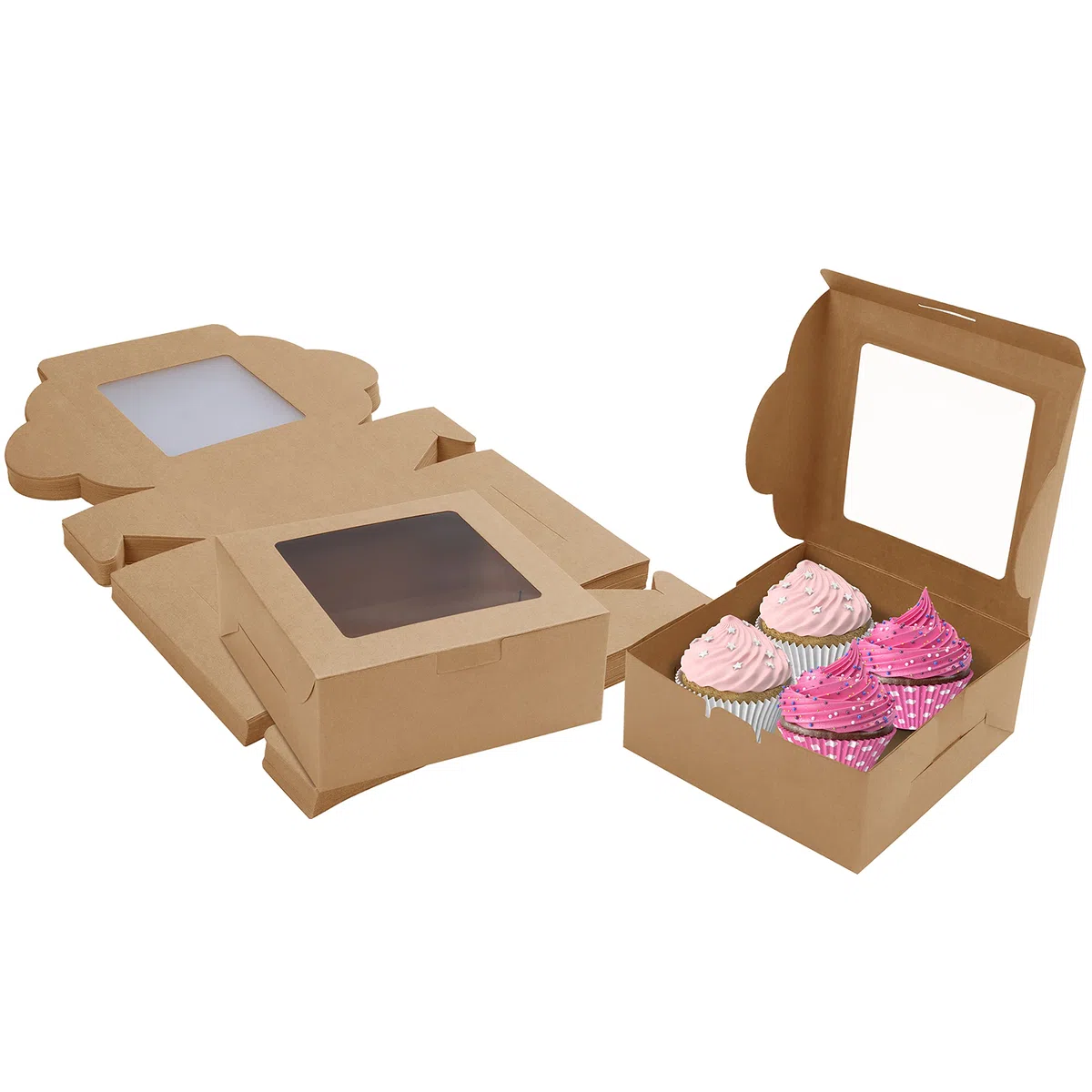 BELLE VOUS Scatole per Dolci in Cartone Kraft Marrone con Finestra (50 Pezzi) -15,2 x 15,5 x 6,3 cm - Scatole per Torte USA e Getta - Biscotti, Cupcakes, Dessert e Torte