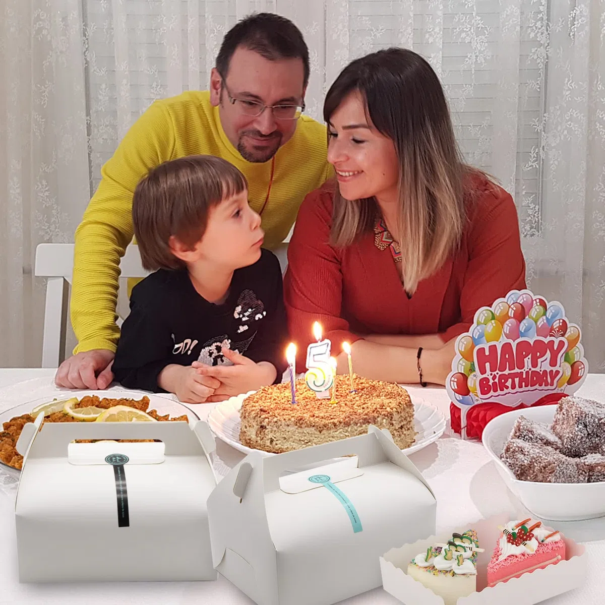 Scatole per pasticceria con vassoio di carta e maniglia per il trasporto, 20 pezzi scatola per il trasporto con adesivi, scatole regalo di carta per biscotti, pizza (20 x 15 x 8 cm, bianco)