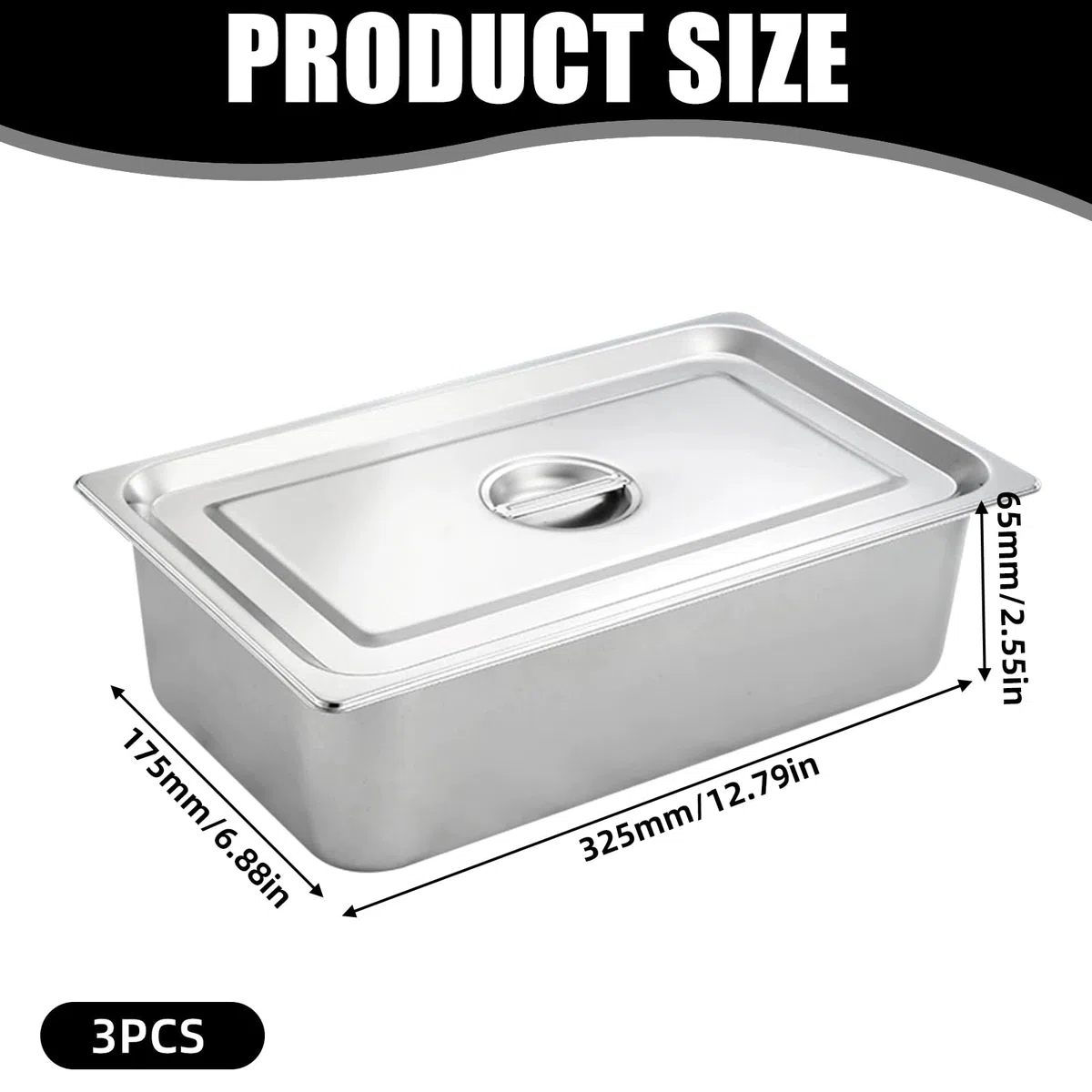 Set di impanatura in acciaio inox 3 pezzi, 3 contenitori GN coperchiati, 32,5 x 17,5 x 6,5 cm, rettangolari, per impanare pesce, carne e verdure