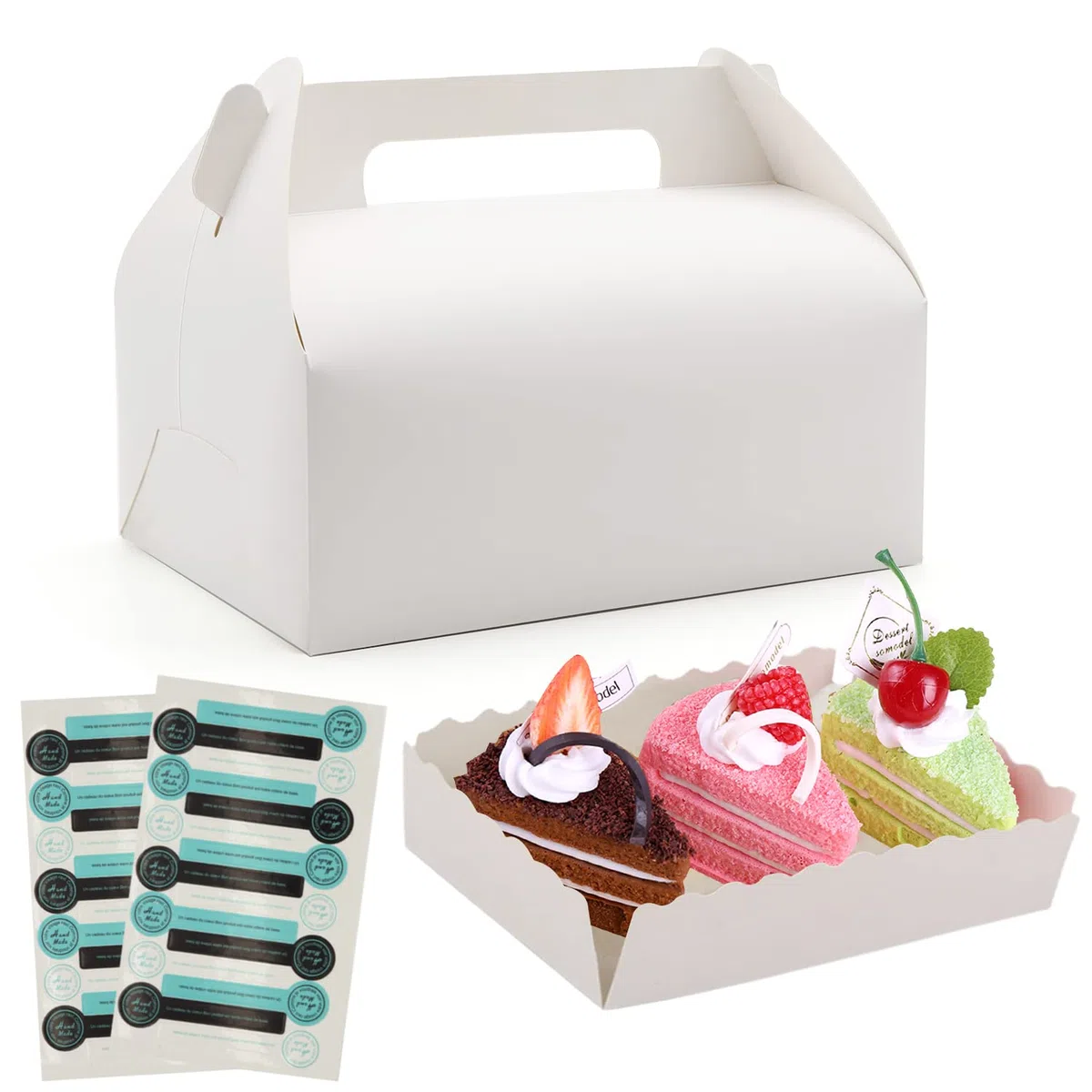 Scatole per pasticceria con vassoio di carta e maniglia per il trasporto, 20 pezzi scatola per il trasporto con adesivi, scatole regalo di carta per biscotti, pizza (20 x 15 x 8 cm, bianco)