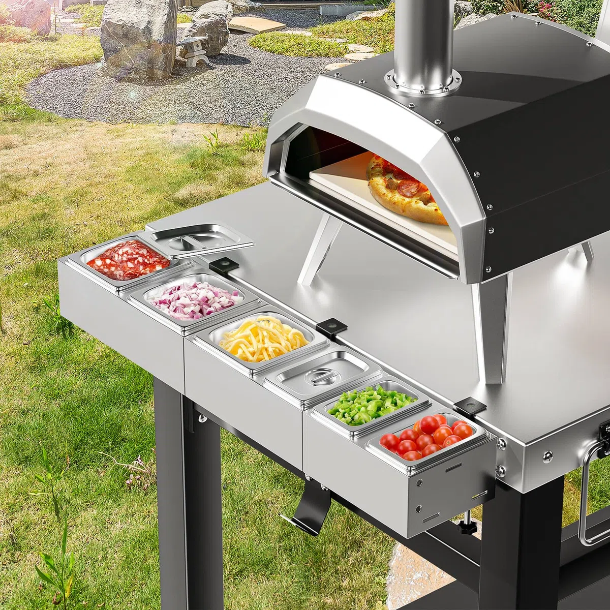 GFTIME Stazione per condimenti per pizza in acciaio inox, contenitore per ingredienti per pizza, contenitore per contorni, rettangolare, multi-scomparto, 39 cm, confezione da 6