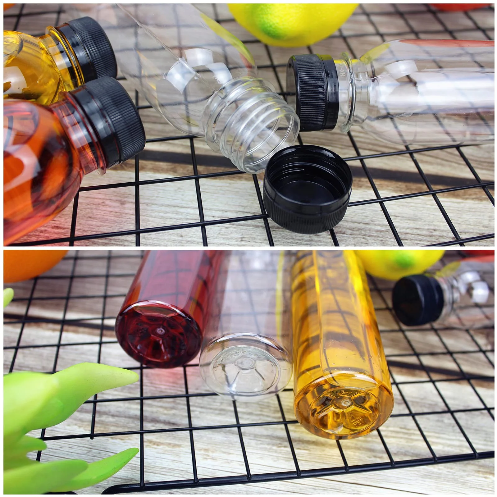 Confezione da 16 bottiglie trasparenti di succo, 150 ml, riutilizzabili, vuote, con coperchio, per succhi di latte, acqua e altre bevande, colore: nero