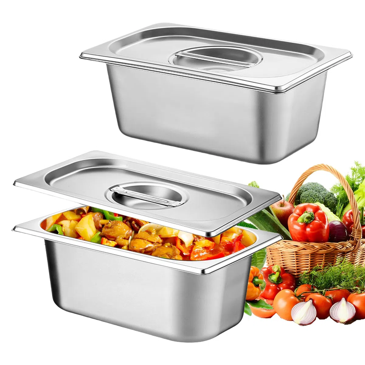 Set di 2 vaschette per il paniere in acciaio inox con coperchio, impilabili per ristoranti, feste di famiglia, accessori per la gastronomia (32,5 x 17,5 x 6,5 cm)
