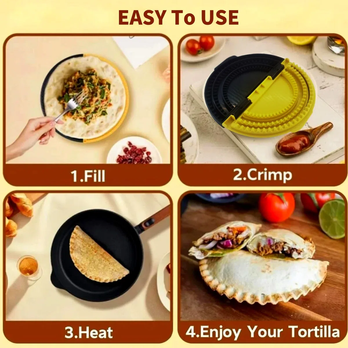 Generic 3 in 1 Tortilla Sealer & Sandwich Crimper Press, Crimper Taco Regolabile per Empanadas, Samosa e Sandwich, Giallo, Nero, Plastica, Moderna