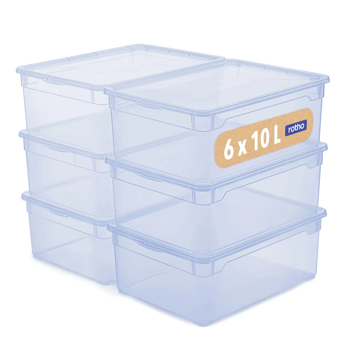 Rotho CLEAR Box Set 6 pezzi contenitori 10 L con coperchio, impilabili, 36×26×14 cm, trasparente blu