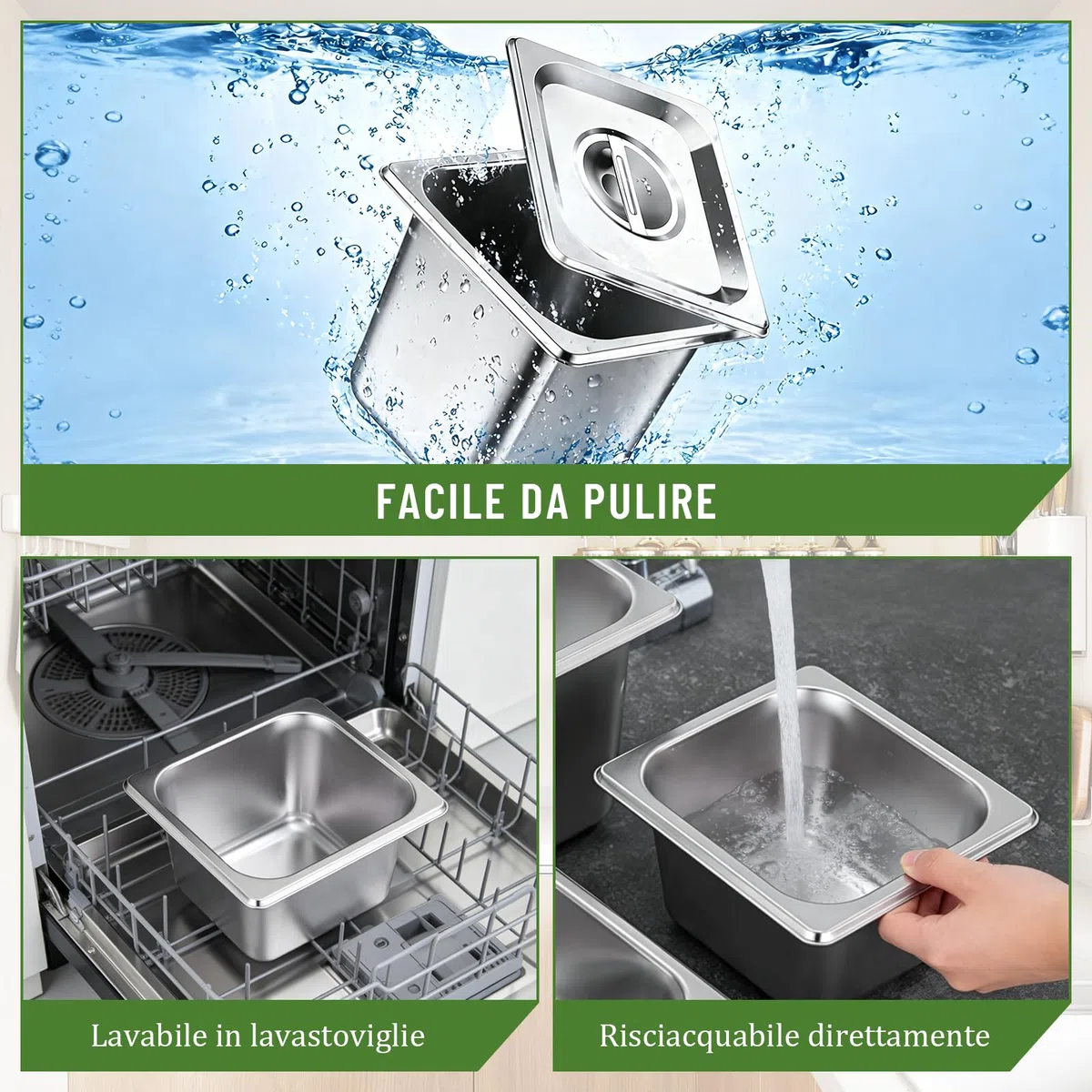 Set di 4 contenitori acciaio inox per alimenti GN 1/9, 17,6 x 10,8 x 10 cm, Contenitore Acciaio Inox per Alimenti con Coperchio, Impilabili, Adatti per Cotolette Carne Pesce Frutta Gelato Salsa