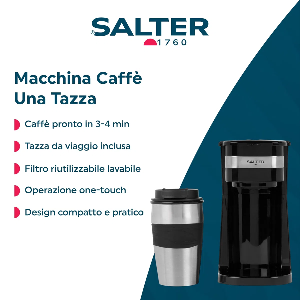 Salter Macchina da Caffè Monodose con Tazza Termica 420 ml – Coffee Maker con Filtro Lavabile Riutilizzabile, Caffè Americano da Viaggio Pronto in 3-4 Minuti