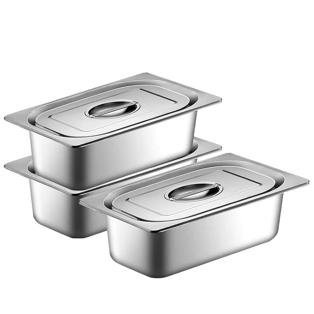 FARYODI Set di 3 vaschette per il paniering, contenitore in acciaio inox con coperchio, contenitore con coperchio, contenitore per alimenti, utilizzabile per impanare (32,5 x 17,5 x 6,5 cm)