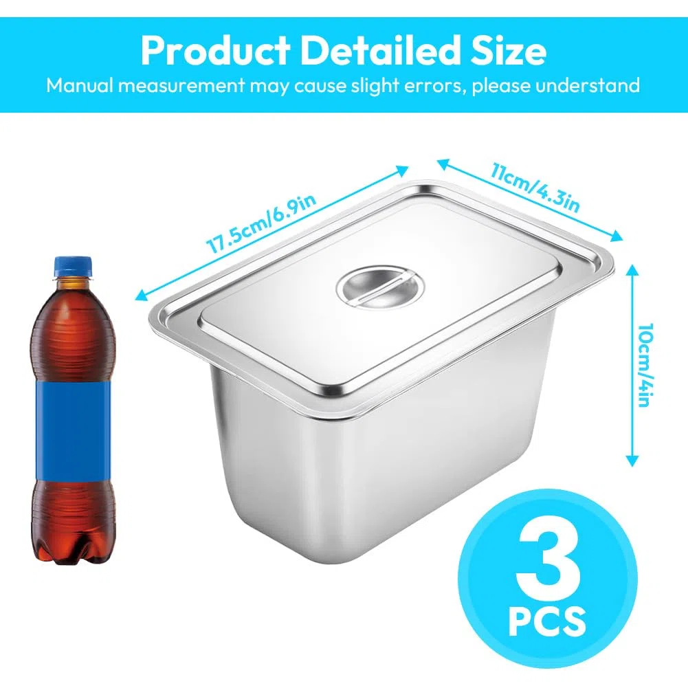 Set di 3 ciotole per alimenti in acciaio inox con coperchio, contenitore GN 1/3, contenitore Gastro e vaschette per il panierstraße, contenitore in acciaio inox per cibi caldi/freddi, catering e