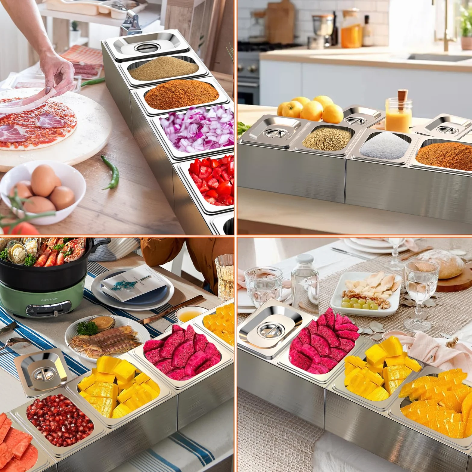 Denmay Contenitori per ingredienti di pizza, contenitori in acciaio inossidabile con coperchio, contenitori per contorni per barbecue e cucina, accessori per pizza in acciaio inossidabile, set da 6