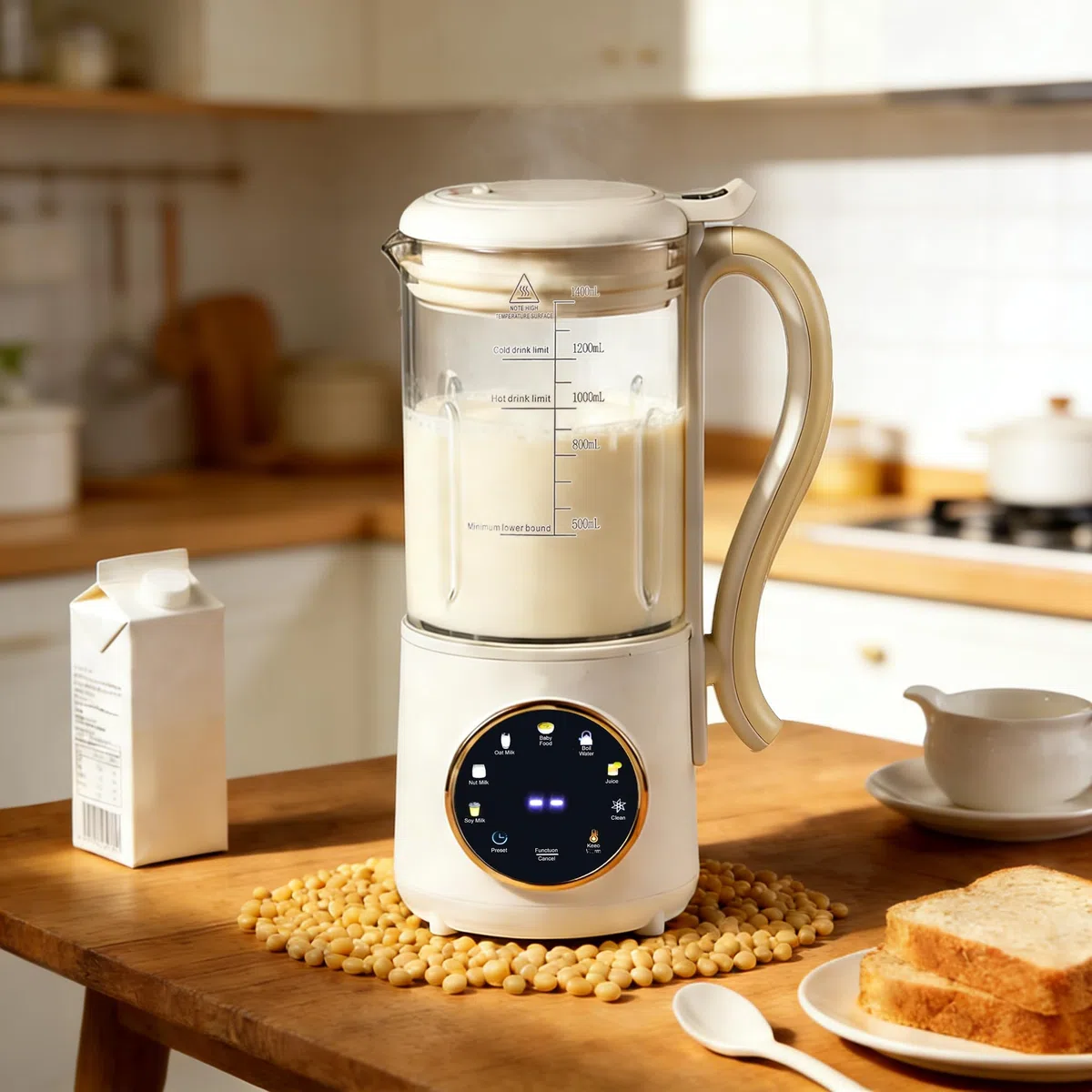 Macchina per latte di soia, 1400 ml, con 16 lame, indicatore LED, prenotazione 12 ore, autopulente, 6 funzioni, per latte vegetale fatto in casa, avena, latte di mandorle