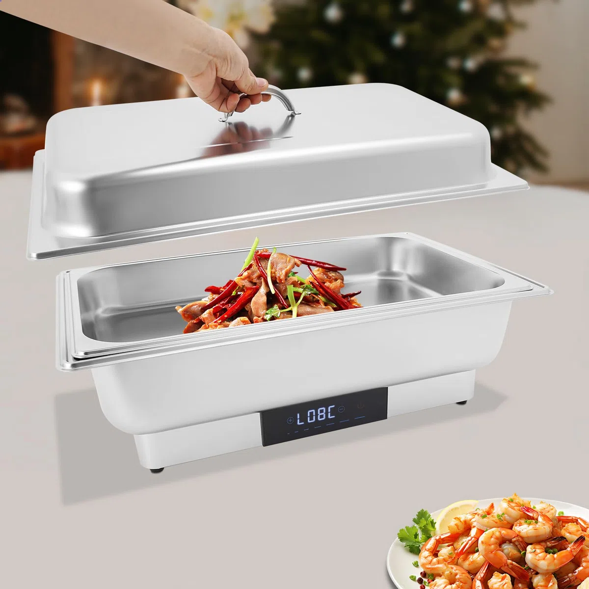 Chafing Dish 600 W scaldavivande elettrico con coperchio, 9 l, rettangolari da portata in acciaio inox, 35 ~ 90 ℃, scalda buffet regolabile per ristoranti feste (1 contenitore)