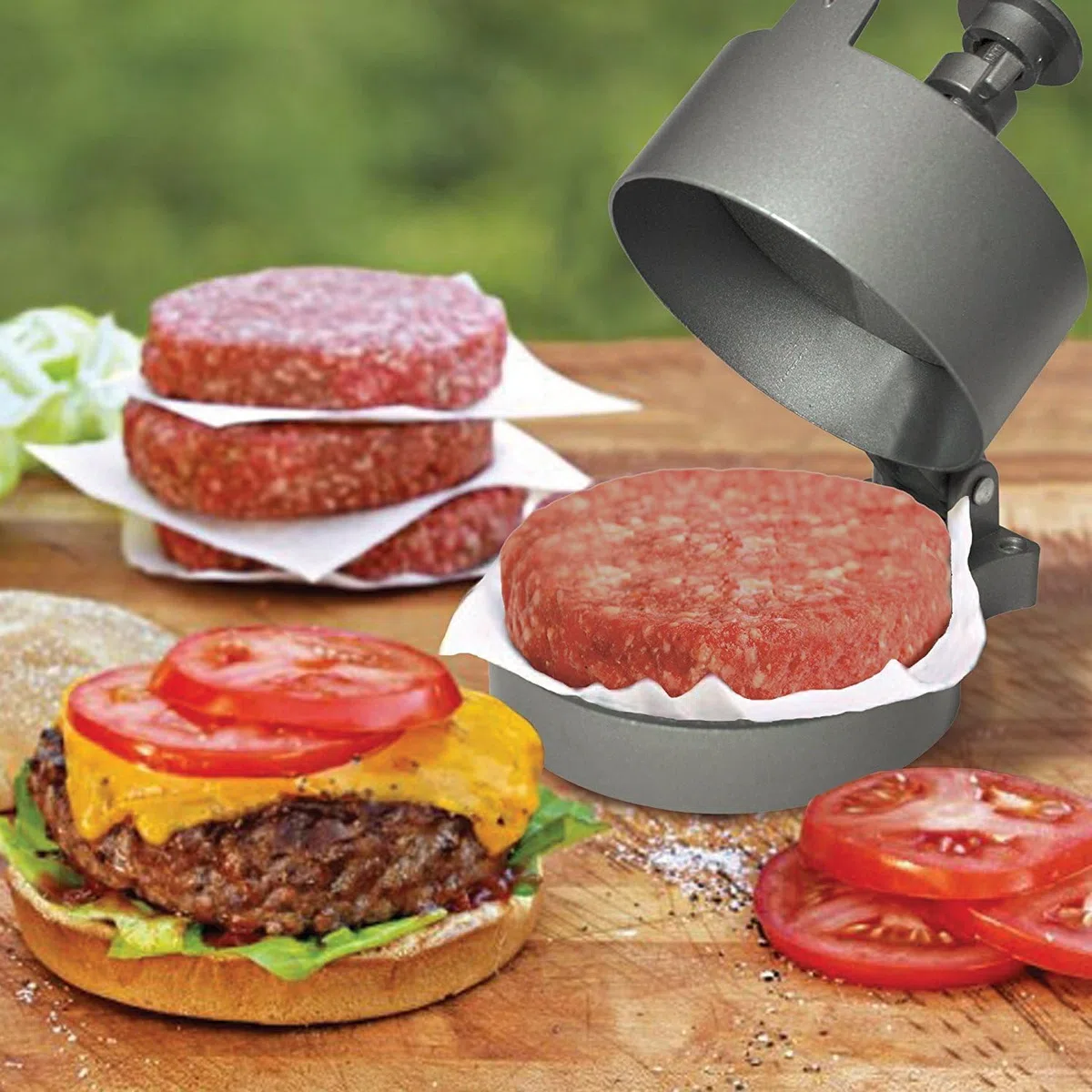 CKB LTD Pressa per hamburger, grande, manuale, regolabile, antiaderente, liscia, per hamburger fatti in casa, include 100 fogli di carta cerata 13 x 13 x 21 cm, alluminio (argento)
