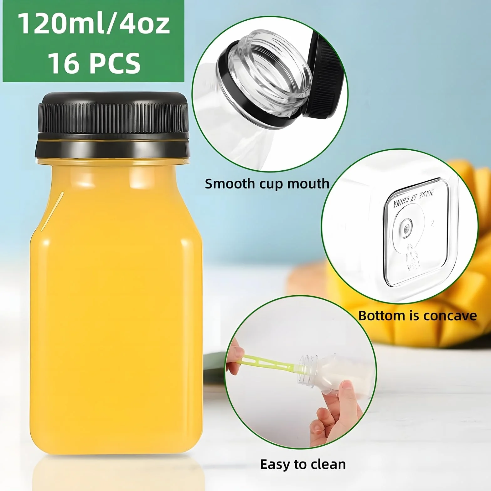 16 Pezzi 4oz/120ml Bottiglie di Succo in Plastica con Coperchio Bottiglie Vuote Riutilizzabili con Etichette Imbuto e Pennello Bottiglie di Bevande per Succhi Latte Frullati