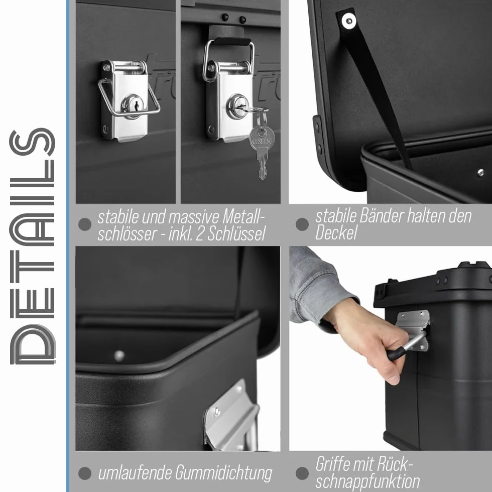 Trucky Scatola in alluminio con coperchio, colore nero, in alluminio, per il trasporto, in metallo, richiudibile, dimensioni: 75 l