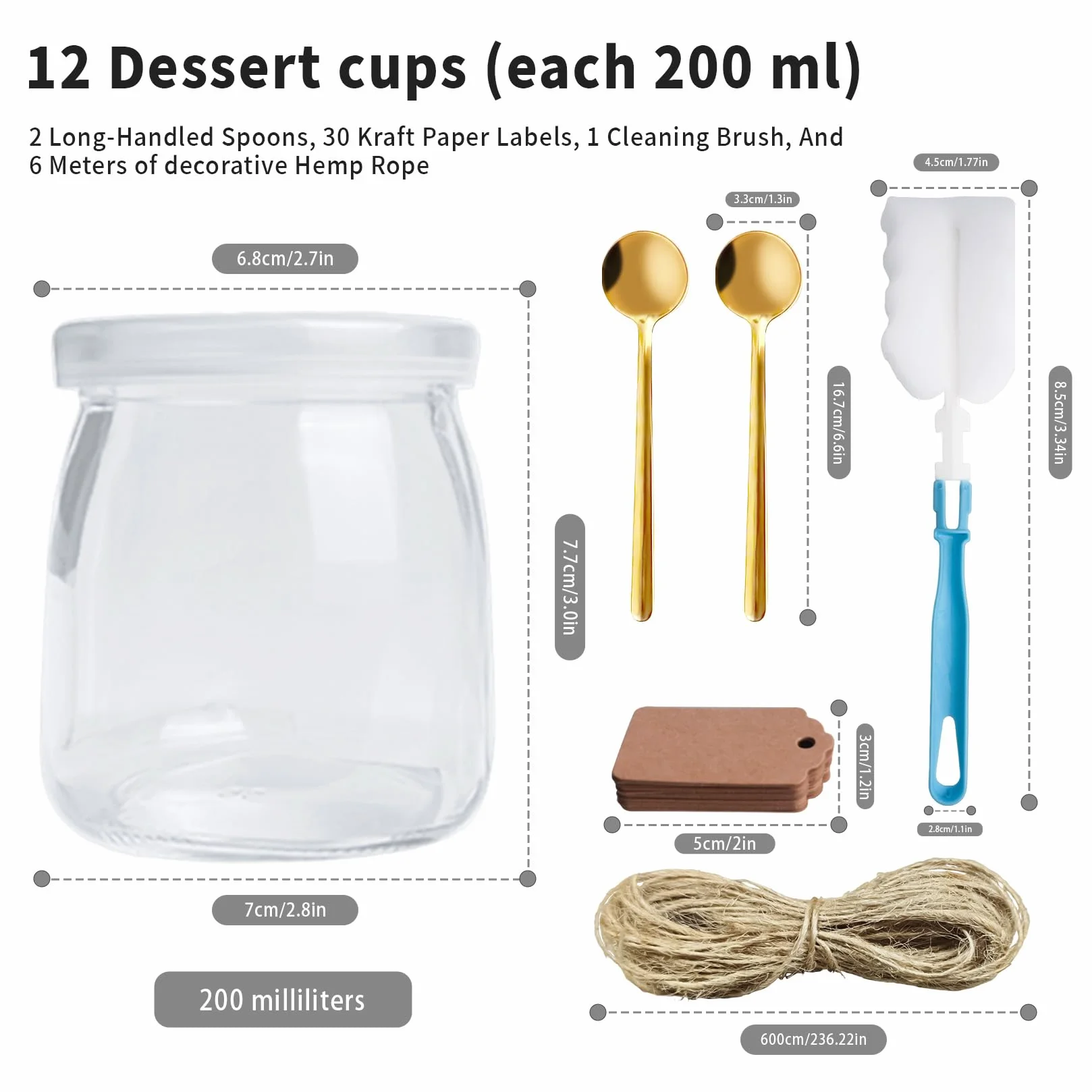 12 Pz Vasetti per Yogurt con Coperchio, 200 ml Barattolo Vetro con Coperchio, Bicchieri da Yogurt Trasparenti, Bicchieri da Dessert in Vetro per dessert, marmellata, muesli, mousse