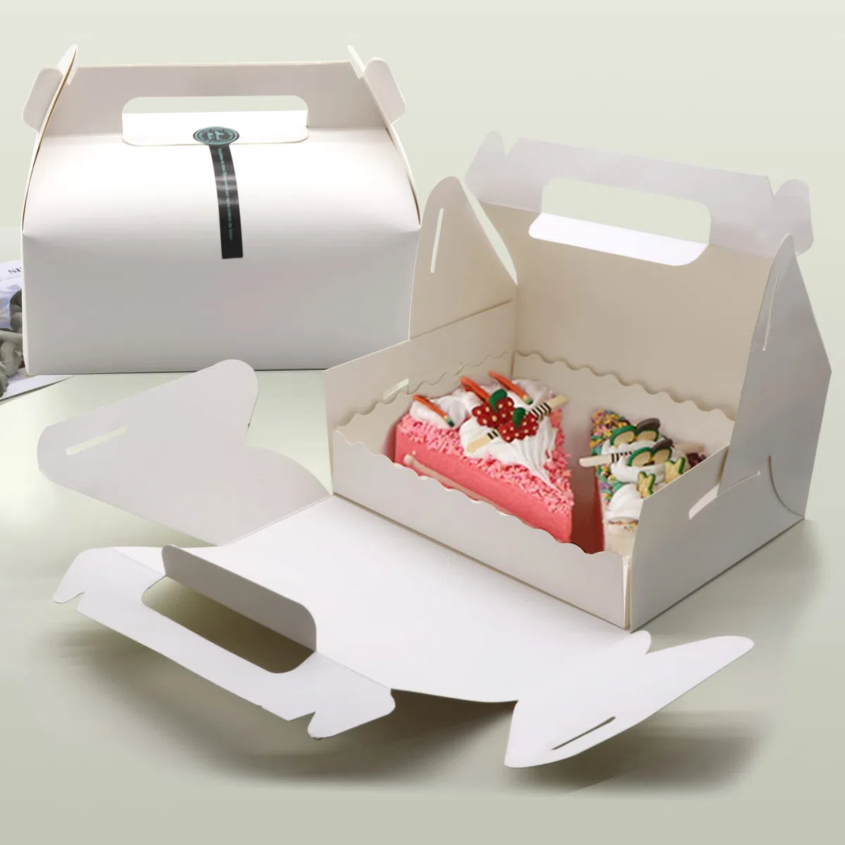 Scatole per pasticceria con vassoio di carta e maniglia per il trasporto, 20 pezzi scatola per il trasporto con adesivi, scatole regalo di carta per biscotti, pizza (20 x 15 x 8 cm, bianco)
