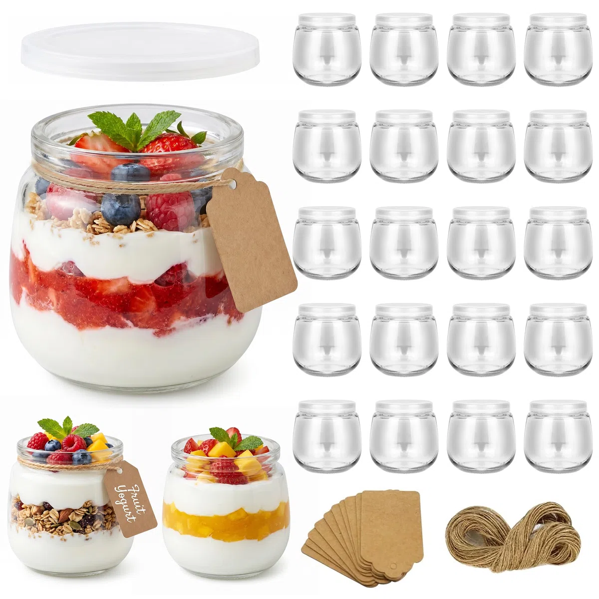 200 ml Barattoli trasparenti per yogurt con coperchio (20 pezzi), vasetti per dessert con coperchio, con corda e ciondolo, per marmellata, miele, dessert, candele, lavabili in lavastoviglie