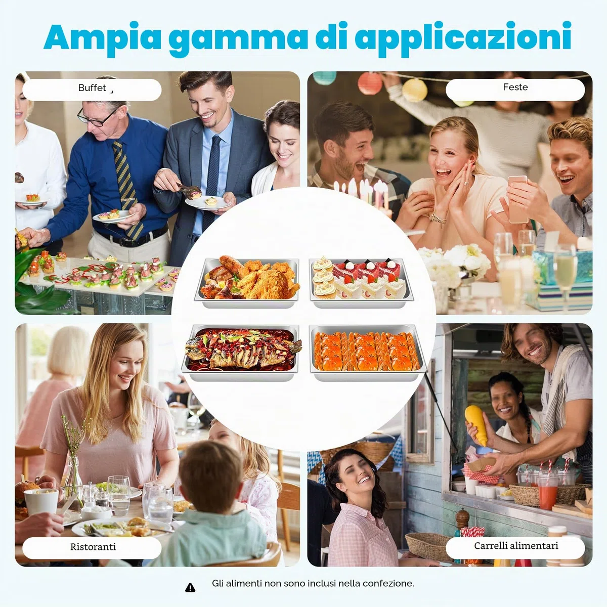 4 contenitori in acciaio inox per hotel, catering e buffet Vassoio per alimenti, con coperchio Porzioni per feste e arrosti da cuocere 50,8 x 30,48 x 10 cm
