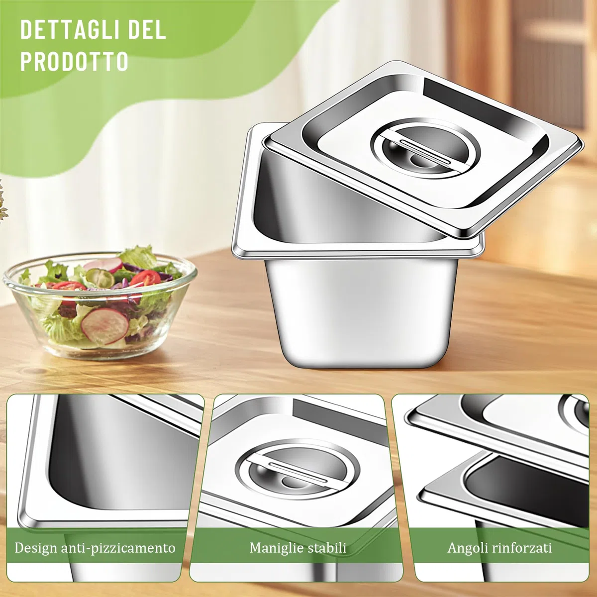 Set di 4 contenitori acciaio inox per alimenti GN 1/9, 17,6 x 10,8 x 10 cm, Contenitore Acciaio Inox per Alimenti con Coperchio, Impilabili, Adatti per Cotolette Carne Pesce Frutta Gelato Salsa